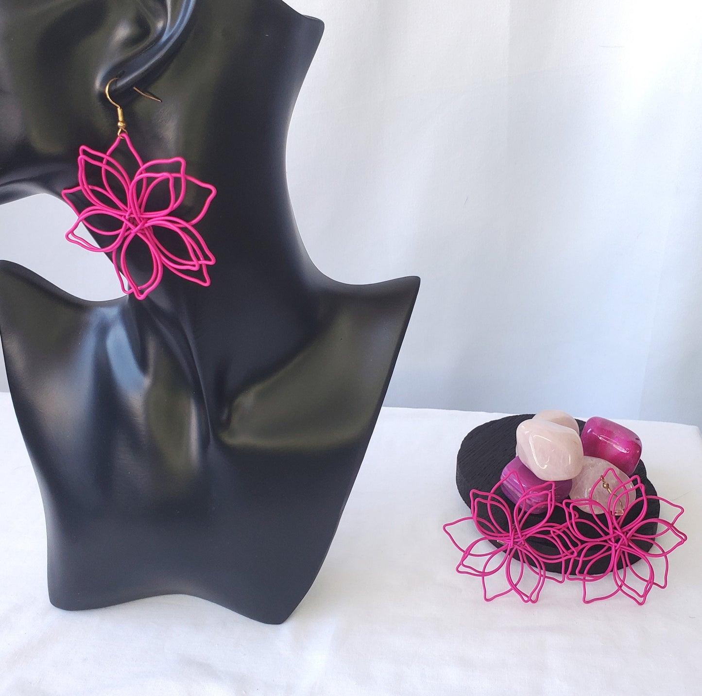 Hot Pink Hollow Flower Dangle Earrings