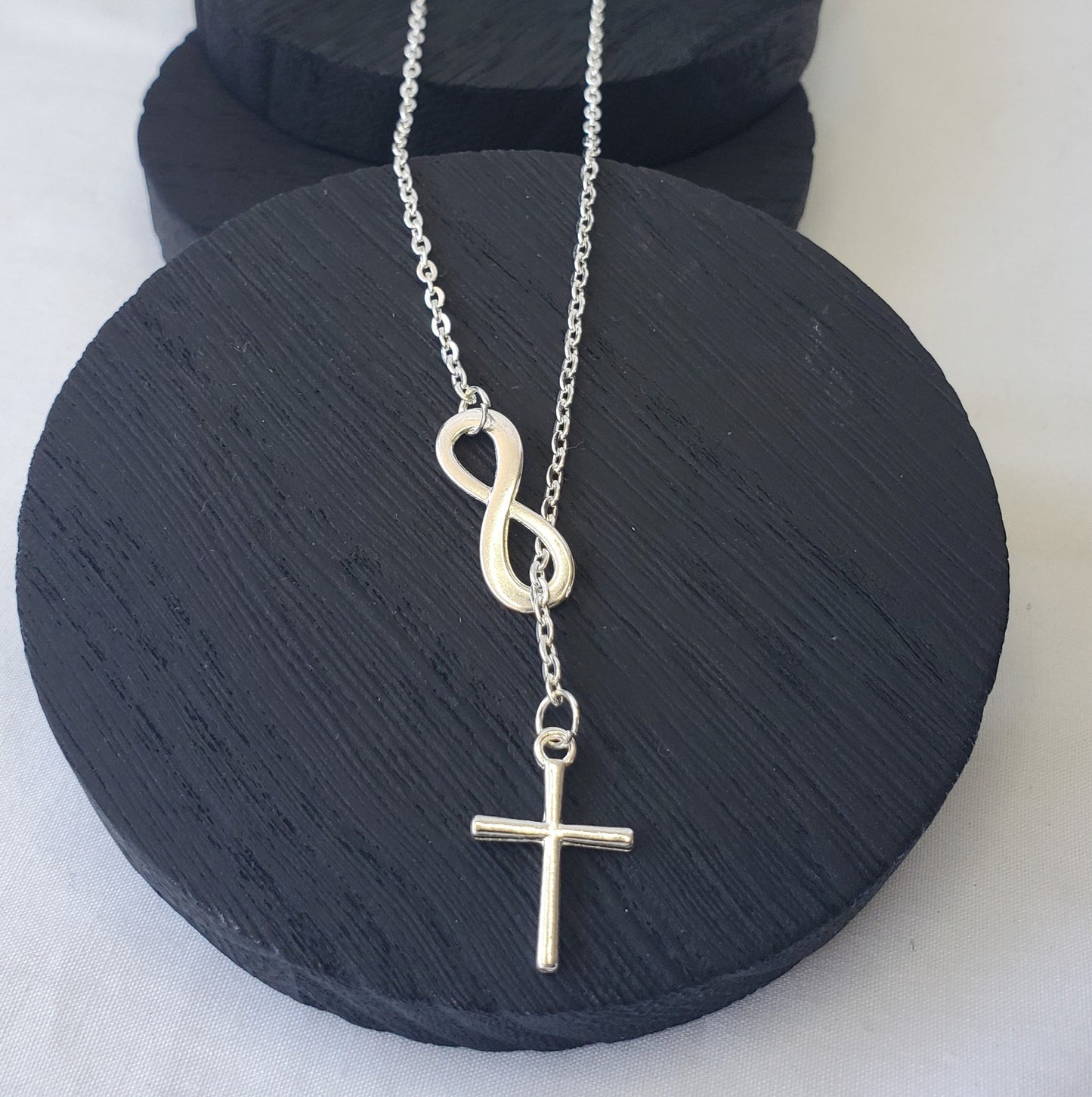 Silvery Cross & Infinity Symbol Pendant Necklace