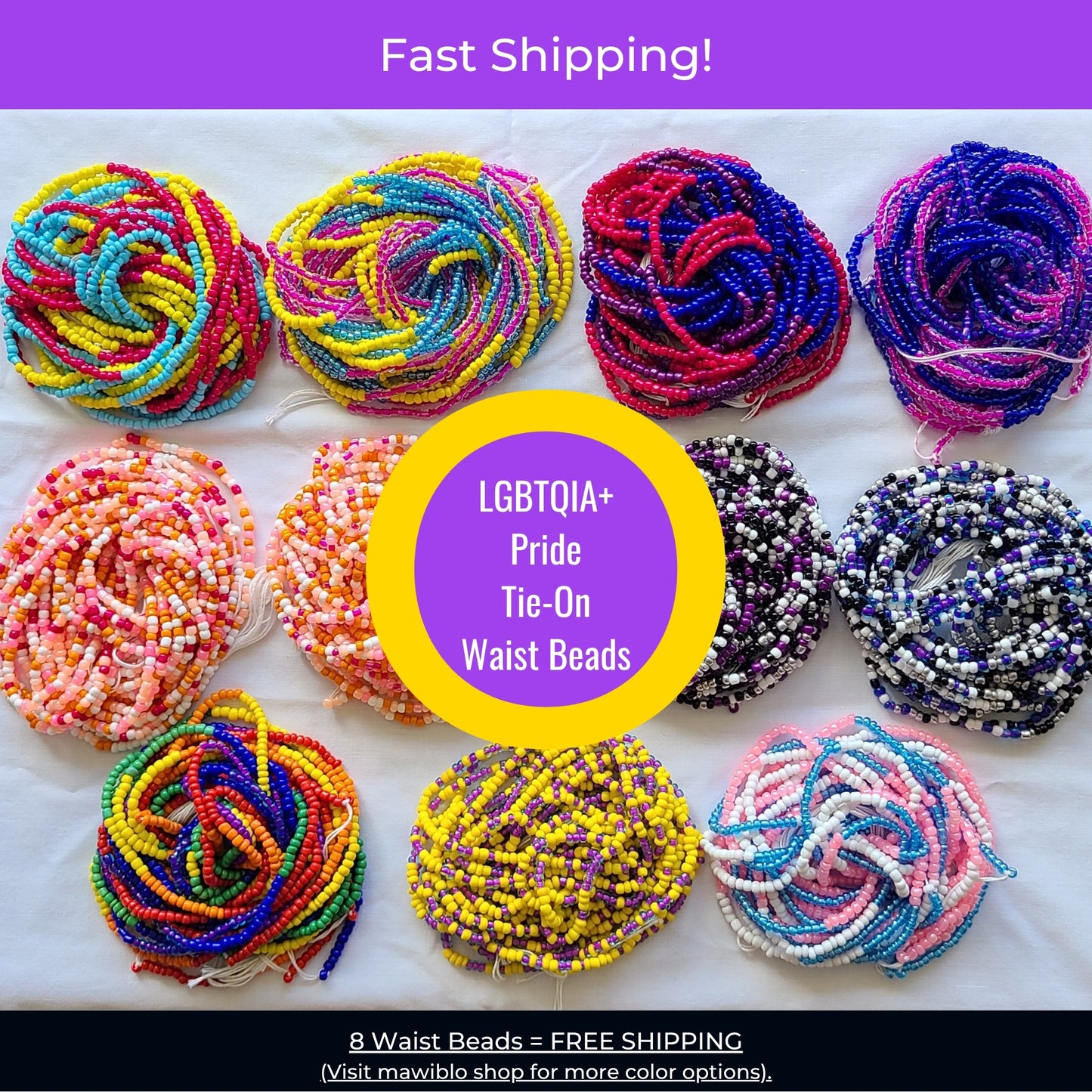 LGBTQIA+ Pride Flag Colors Tie-On African Waist Beads