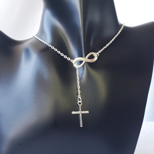 Silvery Cross & Infinity Symbol Pendant Necklace