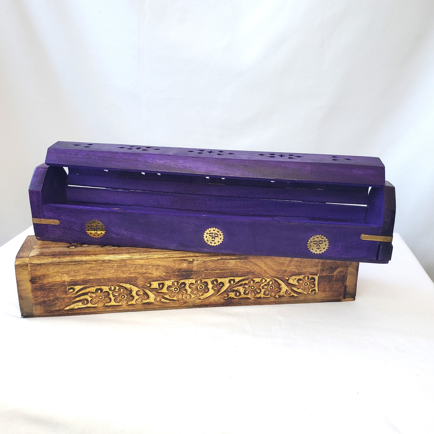 Wooden Incense Boxes (Purple & Brown Floral Carved)